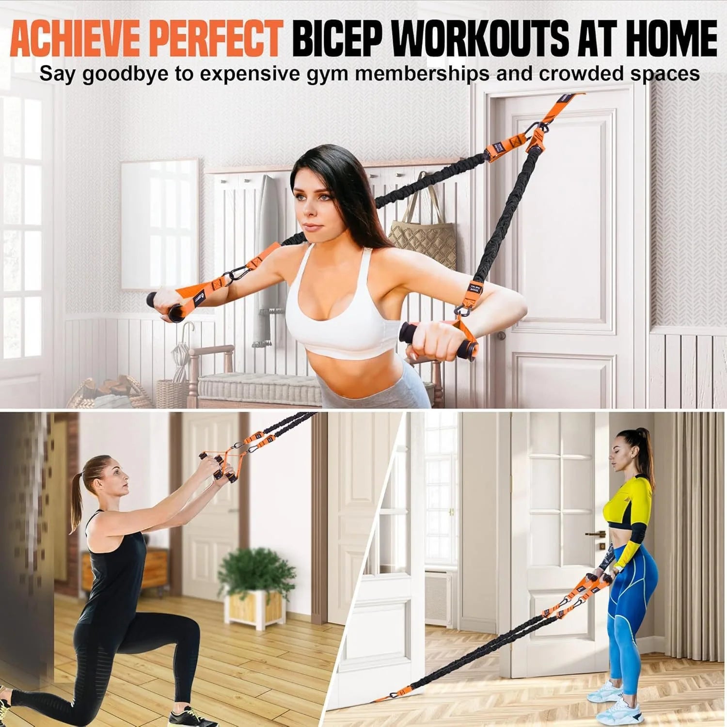 Three women use the Pull Up Assistance Bands Set for home workouts: one does a standing bicep curl, another lunges, and the third performs a bicep curl—ideal for strength training, stretching, and toning with resistance straps.