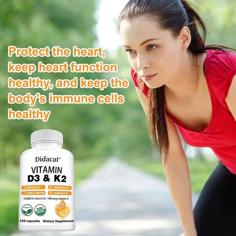 A woman in athletic wear pauses outdoors, with a bottle of Vitamin D3+K2 Supplement 10000IU Capsules (for bone, heart, muscle, and immune support, non-GMO) in the foreground. Text highlights heart and immune system benefits.