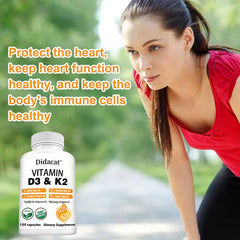 A woman in athletic wear pauses outdoors, with a bottle of Vitamin D3+K2 Supplement 10000IU Capsules (for bone, heart, muscle, and immune support, non-GMO) in the foreground. Text highlights heart and immune system benefits.