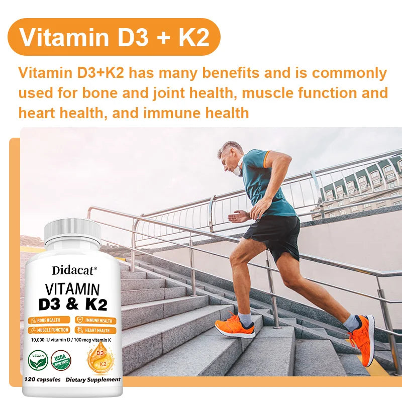 A man in athletic wear runs up outdoor stairs. Text highlights Vitamin D3+K2 Supplement 10000IU's benefits for bones, heart, muscles, and immunity. Non-GMO Didacat unisex supplement capsules appear in the lower left corner.