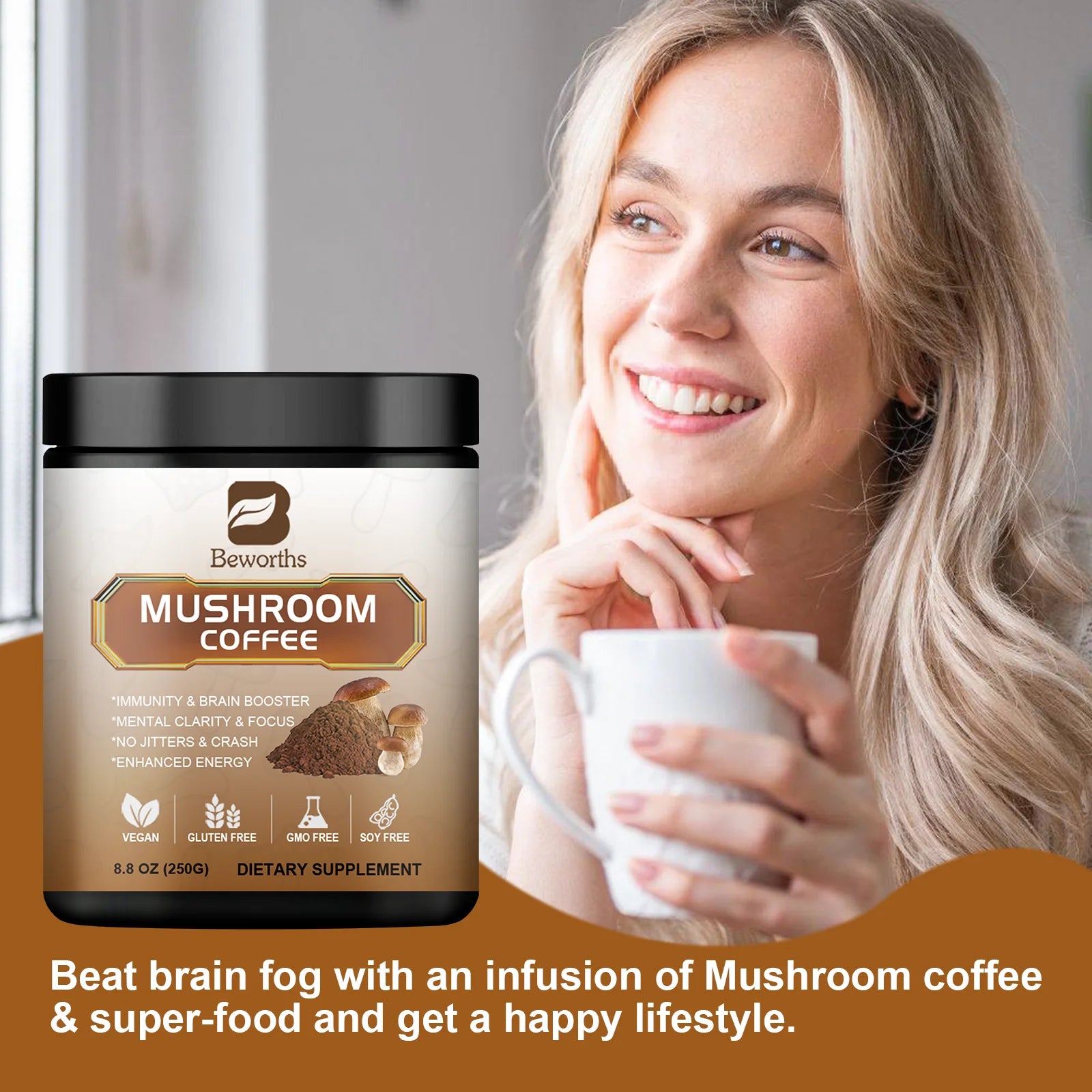 A smiling woman holds a cup beside a 120g BEWORTHS Mushroom Coffee Supplement with Ganoderma Lucidum and Cordyceps Sinensis for energy, mental clarity, brain boost, antioxidants—vegan and gluten-free for a vibrant unisex lifestyle.