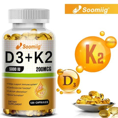 A bottle labeled Vitamin D3 5000IU and 200 Mcg Vitamin K2 (MK-7) Capsules for Calcium Absorption, Bone Regeneration, and Immune Support sits on a white background with yellow capsules and related graphics.