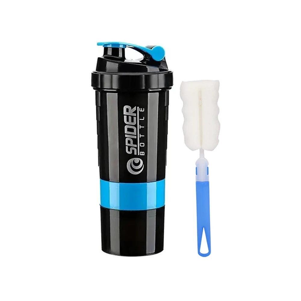 A black and blue 3 Layers Shaker Protein Bottle Powder Shake Cup is displayed beside a blue-handled, white-sponge cleaning brush against a white background—ideal for workouts in Mainland China.