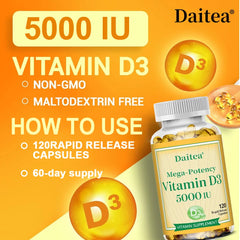 High Potency Vitamin D3 50,000 IU - 120 Vegetarian Capsules - Gluten Free Non-GMO, Nervous System Health, Support Immune