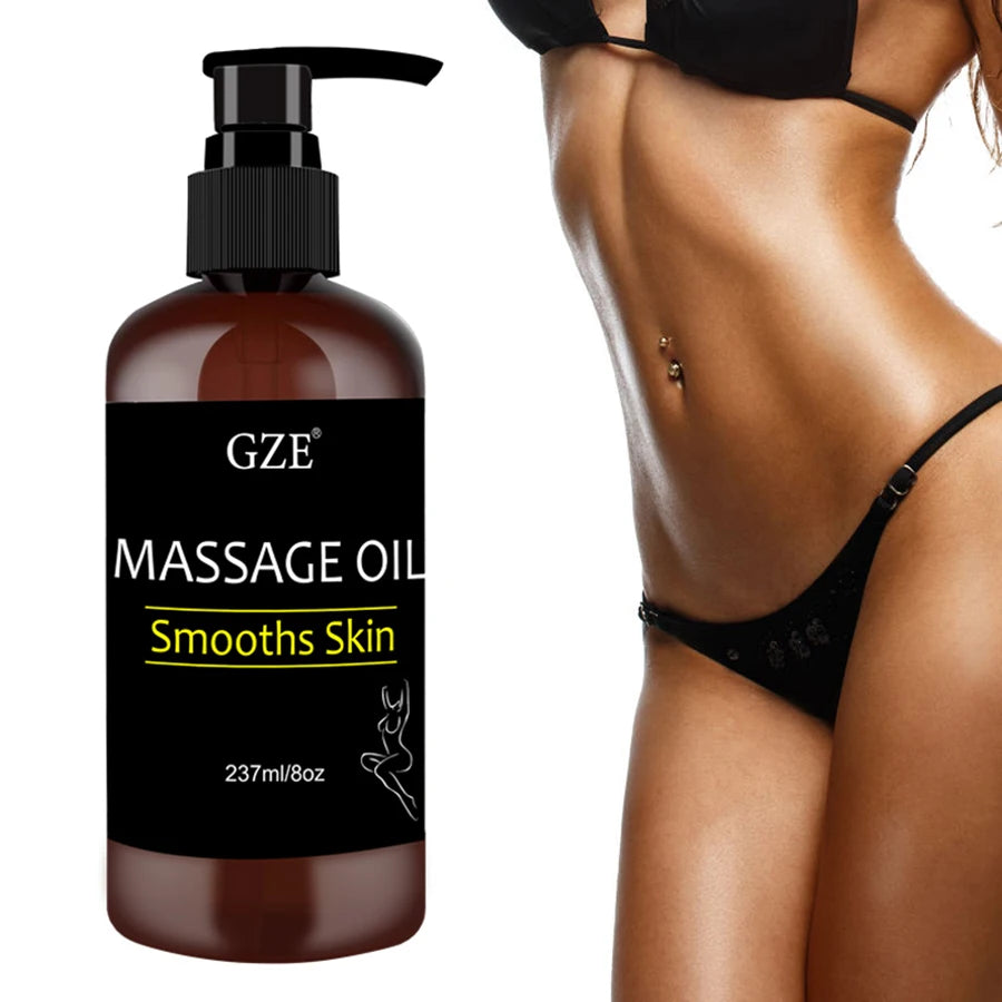 A bottle of GZE Body Smooths Skin Massage Oil with collagen and stem cell, labeled for skin tightening, sits by a woman’s toned torso in black underwear. The 237ml/8oz bottle has a black pump top for easy use.