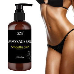 A bottle of GZE Body Smooths Skin Massage Oil with collagen and stem cell, labeled for skin tightening, sits by a woman’s toned torso in black underwear. The 237ml/8oz bottle has a black pump top for easy use.