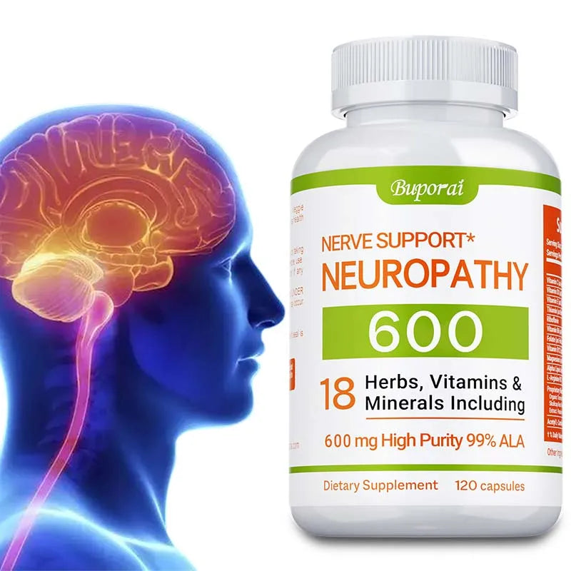 A bottle of Neuropathy Support Supplement 600mg is shown beside a glowing blue brain, highlighting its support for the nervous system, stress relief, enhanced brain function, and increased energy.