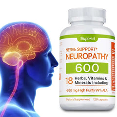 A bottle of Neuropathy Support Supplement 600mg is shown beside a glowing blue brain, highlighting its support for the nervous system, stress relief, enhanced brain function, and increased energy.