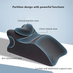 The Lie On The Bed Sleeping Pillow features a partitioned design for cervical traction, chest release, arm placement, and lumbar support. Made from 100% polyester bedding materials for multifunctional comfort in the prone position.