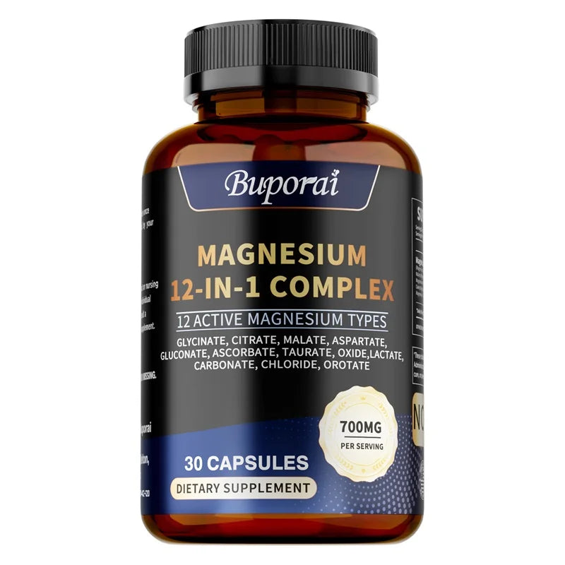 A brown bottle labeled Magnesium Complex Capsules contains 30 unisex capsules. This supplement features 12 forms of magnesium, such as Magnesium Glycinate, provides 700mg per serving, and supports bone & heart health, sleep, muscles, stress & anxiety relief.