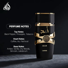 Lattafa Asad Eau de Parfum Spray 100 ml Parfums Arabes Originaux Parfum Oriental Durable Phéromones Parfum Cologne pour Hommes Cadeau