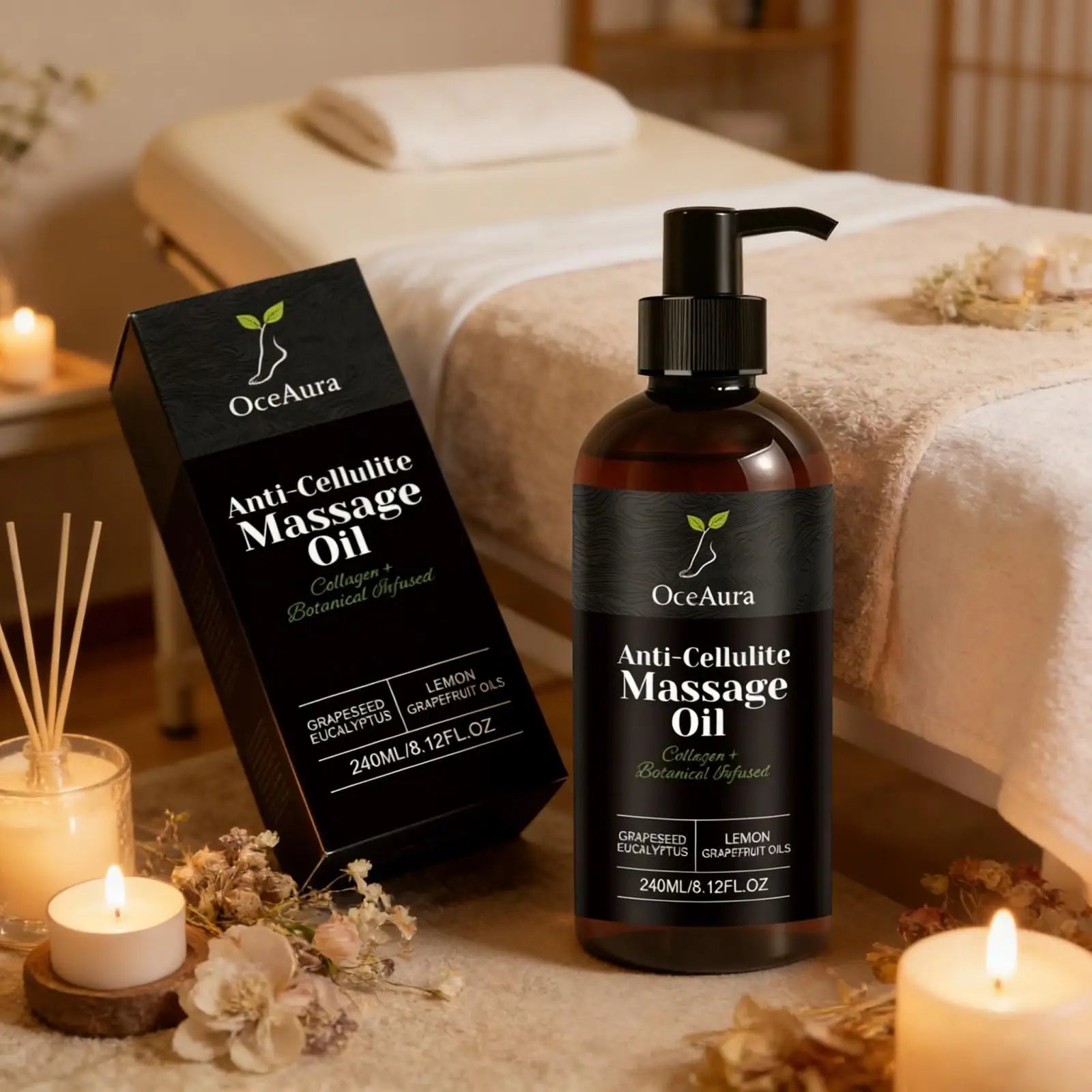 A bottle and box of Anti Cellulite Oil Firm Skin Tightening Lemon Grapefruit Essential Oil are displayed on a table beside a lit candle and dried flowers in a spa, with a massage bed softly lit in the background.