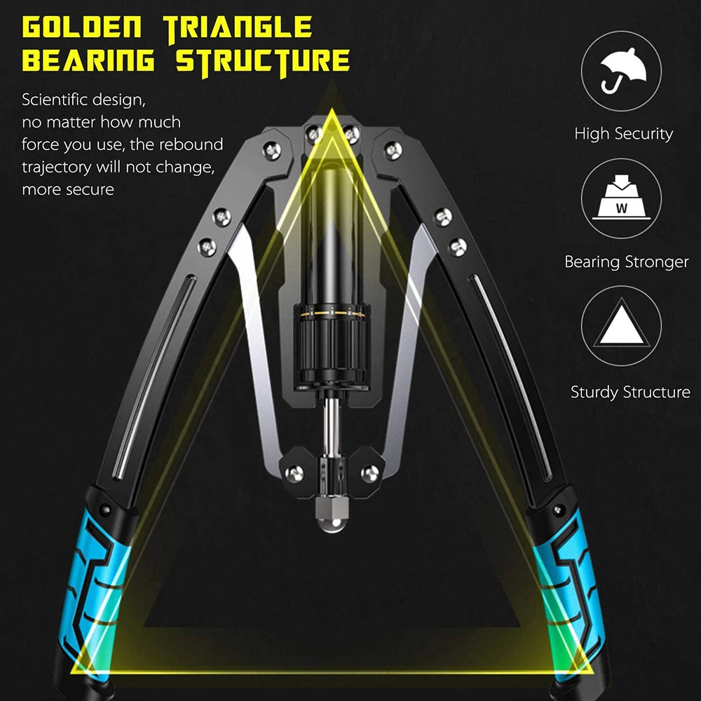 A diagram of the Adjustable Hydraulic Power Twister highlights its Golden Triangle Bearing Structure with a yellow triangle, showcasing features like high security, sturdy build, and scientific design—ideal for safe, effective muscle strength training.