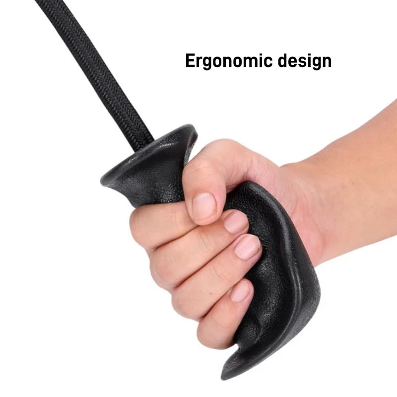 A hand grips the Tricep Rope with Ergonomic Handles, showing its contoured, finger-grooved black handle for strength training. “Ergonomic design” appears in bold black text on a white background.