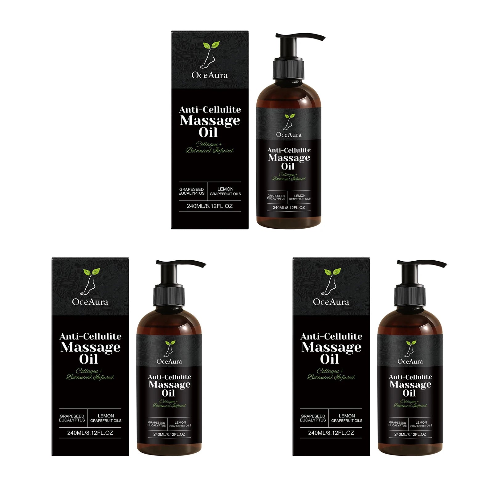 Four bottles of Collagen Anti-Cellulite Massage Oil with pumps, each next to its black box. This firming, nourishing body oil is 240 mL and helps soothe, tighten, and revitalize dry skin; pictured on a white background.