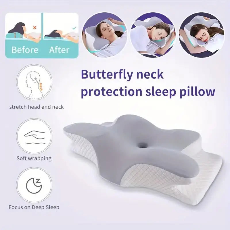 Promotional image for the Memory Foam Pillows Butterfly Shaped Relaxing Cervical Slow Rebound Neck Pillow features its contoured shape and arm supports, with graphics showing pain relief, improved sleep posture, and ergonomic support.