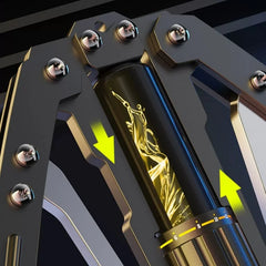 Close-up of the Adjustable Hydraulic Arm Strength Trainer, showcasing metal parts, bolts, a black cylinder with Lady Justice in gold, yellow upward arrows, and a numbered gauge—ideal for grip and arm muscle strength training at home.