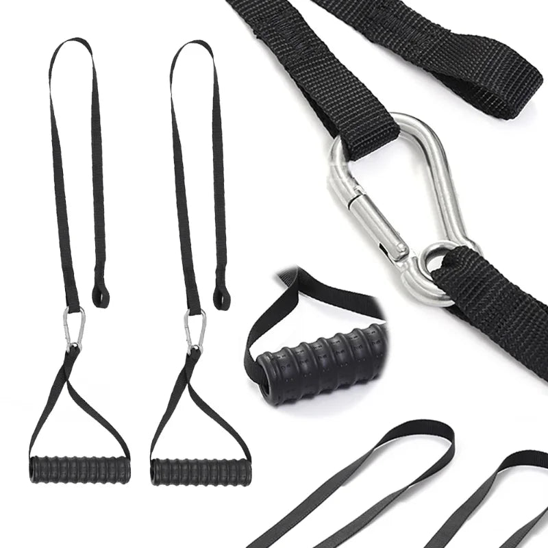 Tricep Biceps Back Blaster Rope Lat Pull Down Attachment Training Gym Weight Chest Muscle Workout Extension Straps Premium Nylon features black nylon bands with ribbed handles and metal carabiners for targeted arm and chest strength training.