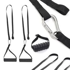 Tricep Biceps Back Blaster Rope Lat Pull Down Attachment Training Gym Weight Chest Muscle Workout Extension Straps Premium Nylon features black nylon bands with ribbed handles and metal carabiners for targeted arm and chest strength training.