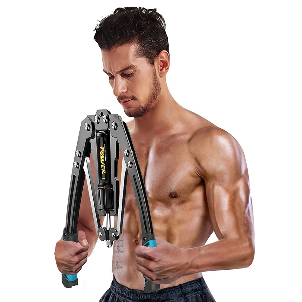 A shirtless, muscular man intensely uses the Adjustable Hydraulic Power Twister—an arm, forearm, and chest expander—in black and gray for muscle strength training against a white background.