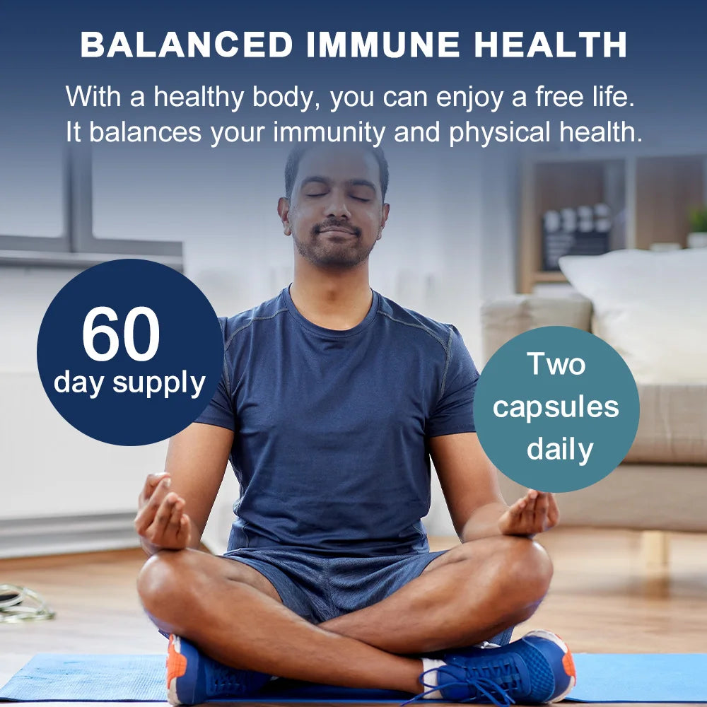 A man meditates indoors on a yoga mat. Text promotes High Potency Vitamin D3 5000 IU for muscle, bone, and nervous system health, offering 120 vegetarian capsules (60-day supply), with a suggested dose of two capsules daily.