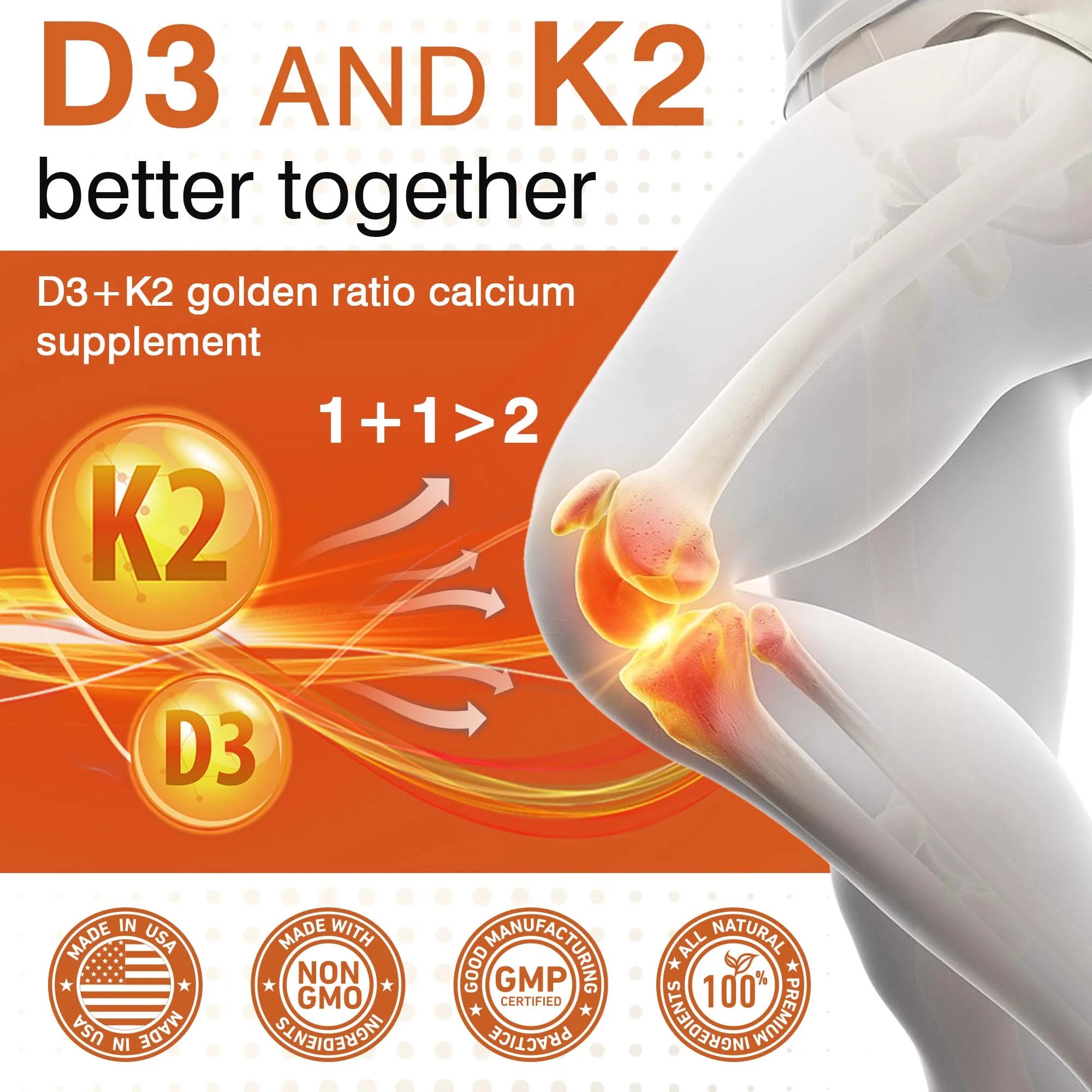 Graphic features a highlighted knee joint, promoting "Vitamin D3 with K2 – Supports Heart Health, Bone Health, Sleep & Immunity." Icons for non-GMO, GMP certified, natural & USA made. Text: "D3 and K2 better together.
