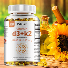 A bottle of Vitamin D3 with K2 - Immune Support, Healthy Muscle Function and Bone Health, for Heart, Joint Health softgels is displayed beside sunflowers and sunflower oil on a wooden surface with a warm, sunlit background.
