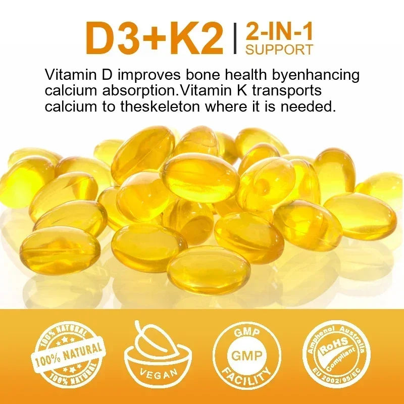 Vitamin D3 5000IU & 200 mcg K2 (MK-7) Capsules support calcium absorption, bone regeneration, and immunity. Easy to melt yellow soft-gels are natural, vegan, GMP certified, and RoHS compliant.