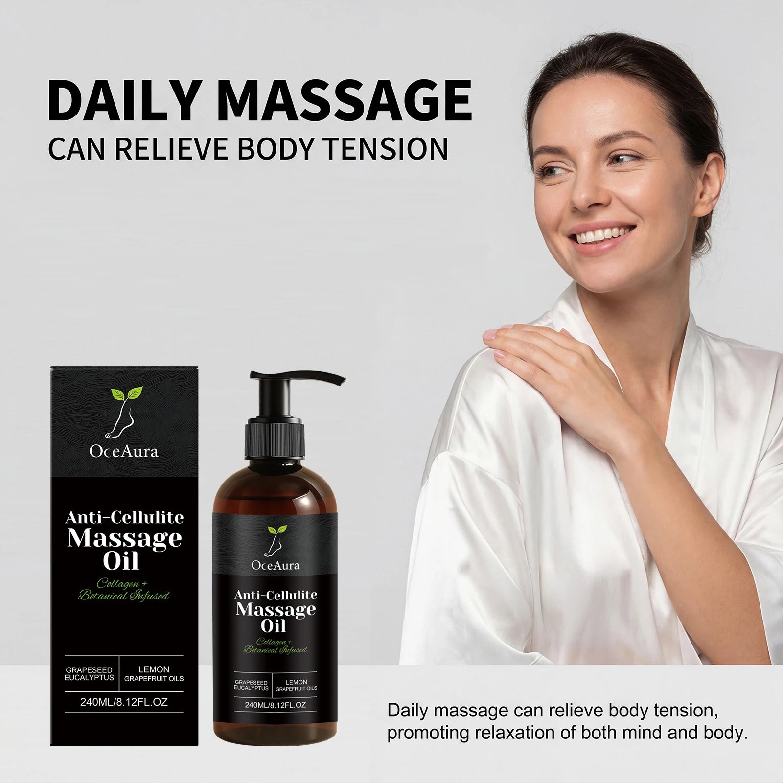 A woman in a white robe smiles, hand on shoulder, beside a bottle and box of Collagen Anti-Cellulite Massage Oil Abdomen Thigh Firming Nourishing Dry Skin Glowing Soothing Revitalizing Tightening Body Oil. Text: Daily massage can ease tension and help repair dry skin.
