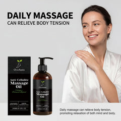 A woman in a white robe smiles, hand on shoulder, beside a bottle and box of Collagen Anti-Cellulite Massage Oil Abdomen Thigh Firming Nourishing Dry Skin Glowing Soothing Revitalizing Tightening Body Oil. Text: Daily massage can ease tension and help repair dry skin.