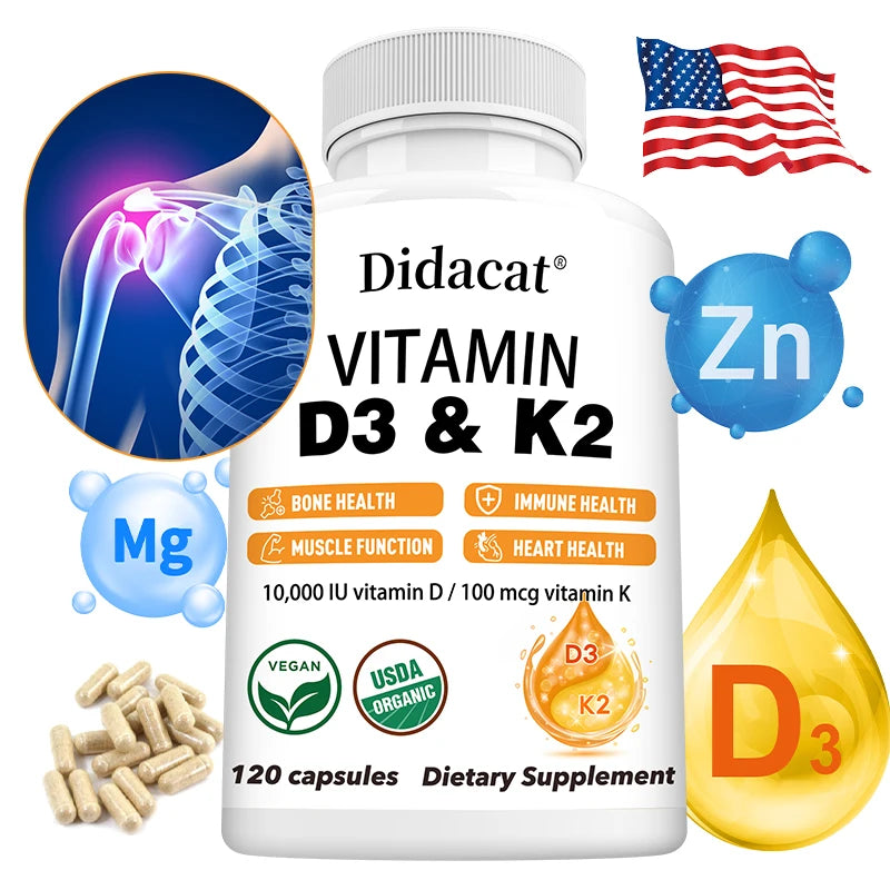 A bottle of Vitamin D3+K2 Supplement 10000IU (MK-7), a non-GMO unisex product with 120 capsules for bone, heart, muscle, and immune support. The image shows icons for these benefits plus zinc, magnesium, vitamin drop, and a U.S. flag.