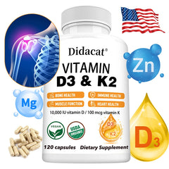 A bottle of Vitamin D3+K2 Supplement 10000IU (MK-7), a non-GMO unisex product with 120 capsules for bone, heart, muscle, and immune support. The image shows icons for these benefits plus zinc, magnesium, vitamin drop, and a U.S. flag.