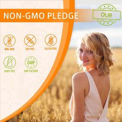 A smiling woman in white stands in a golden field. Beside her, icons note that Neuropathy Support Supplement 600mg is non-GMO, soy free, gluten free, dairy free, made in a GMP factory—supporting nerves, brain function, energy & stress relief.