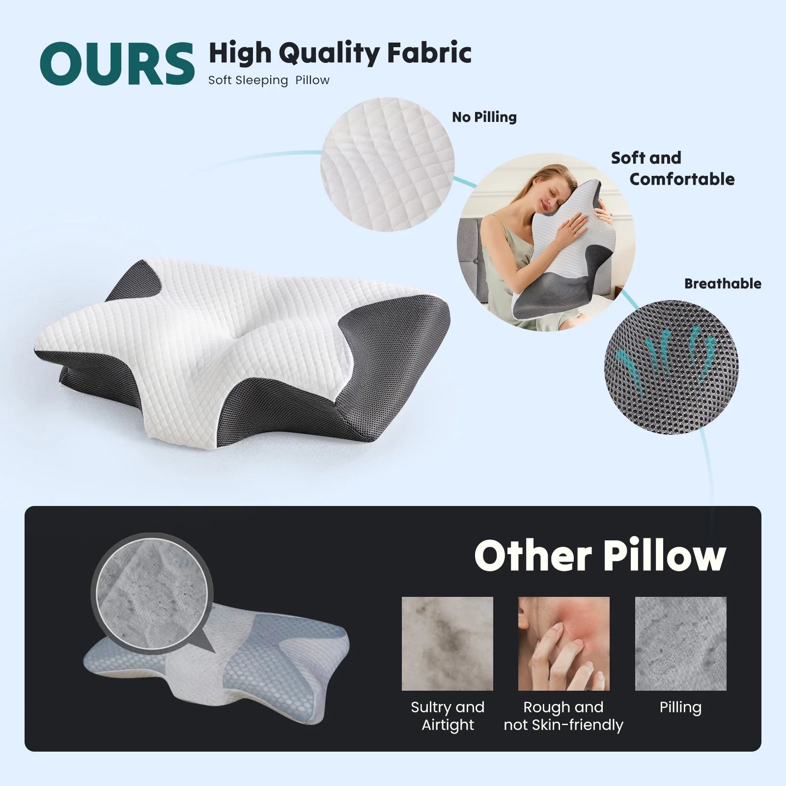 Comparison image showing the JHK Ergonomic 23.6"x13.8" Cervical Neck Memory Foam Pillow—soft, comfortable, breathable, and no pilling—vs a standard pillow labeled as sultry, rough, and prone to pilling.