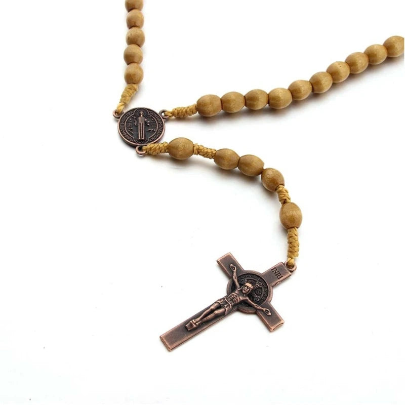 Wooden Rosary Cross Prayer Necklace