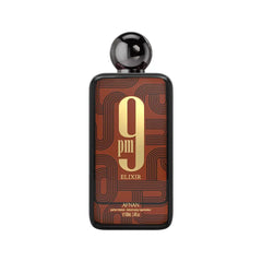Afnan 9 PM Elixir Unisex Extrait de Parfum (3.4 Fl. Oz) comes in a rectangular bottle with a black round cap, brown and gold geometric design, and gold text; the brand name appears at the bottom of the front label.