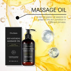 A bottle and box of Body Moisturizing Massage Oil Nourishing Smoothing Tightening Soothing Glowing Brightening Reduce Wrinkles Soft Body Massage Oil are shown with oil droplets, highlighting collagen, rosemary, and plant extracts for all-season dry skin repair.