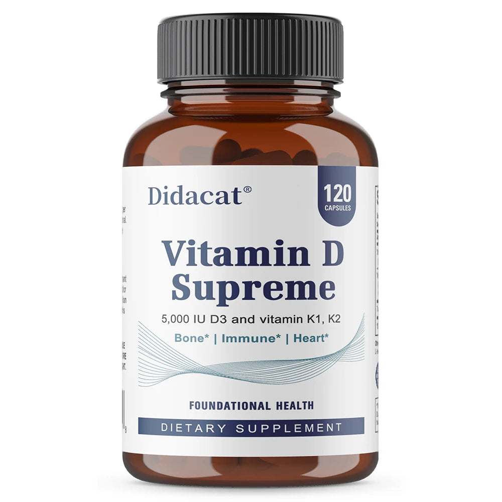 A brown bottle labeled High Potency Vitamin D3 5000 IU contains 120 vegetarian capsules, promoting muscle, bone, and nervous system health in a unisex supplement.