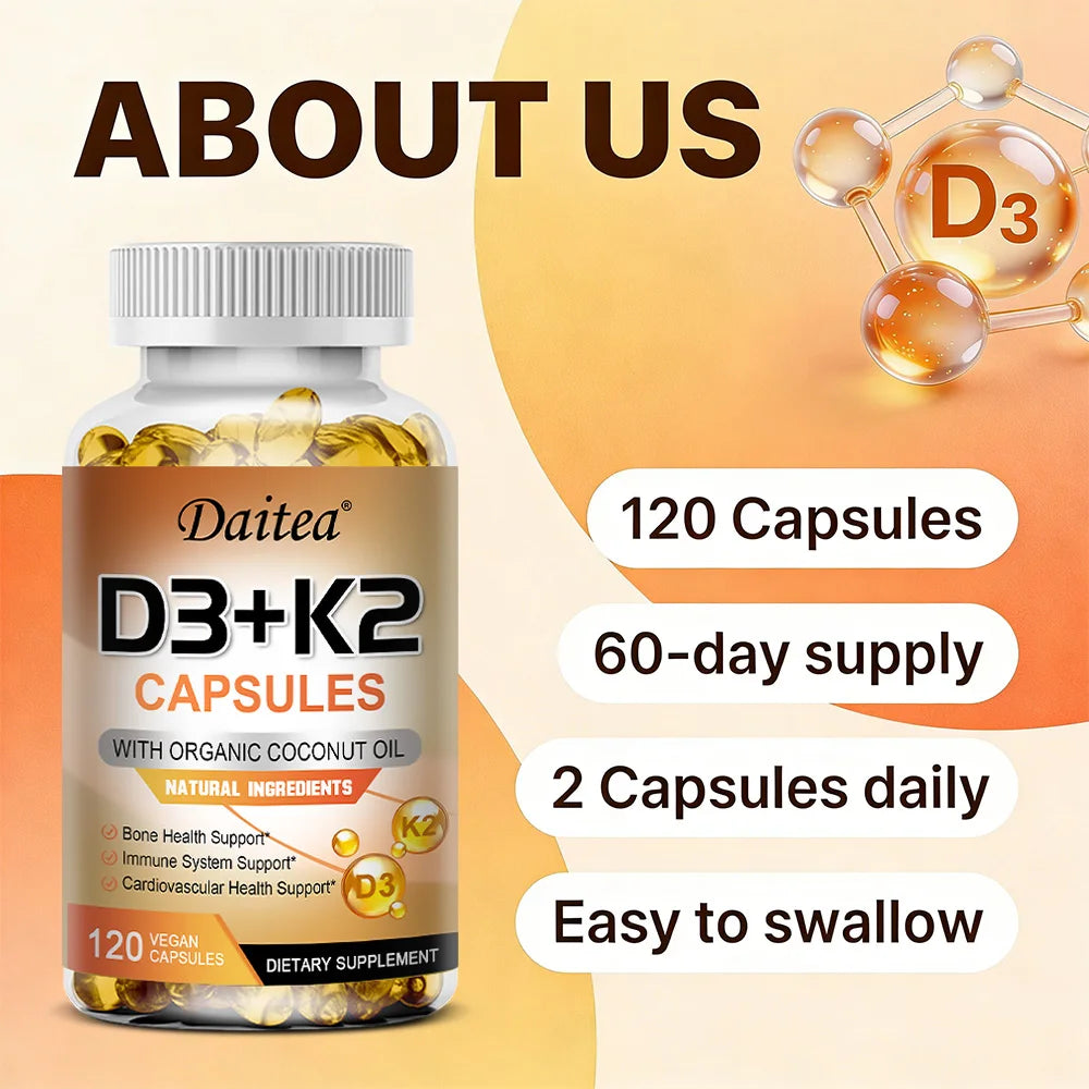 Vitamin D3 K2 Capsule - 5000 IU Vitamin D3 Promotes Strong Bones, Calcium Absorption, Teeth, Heart, Cardiovascular Health