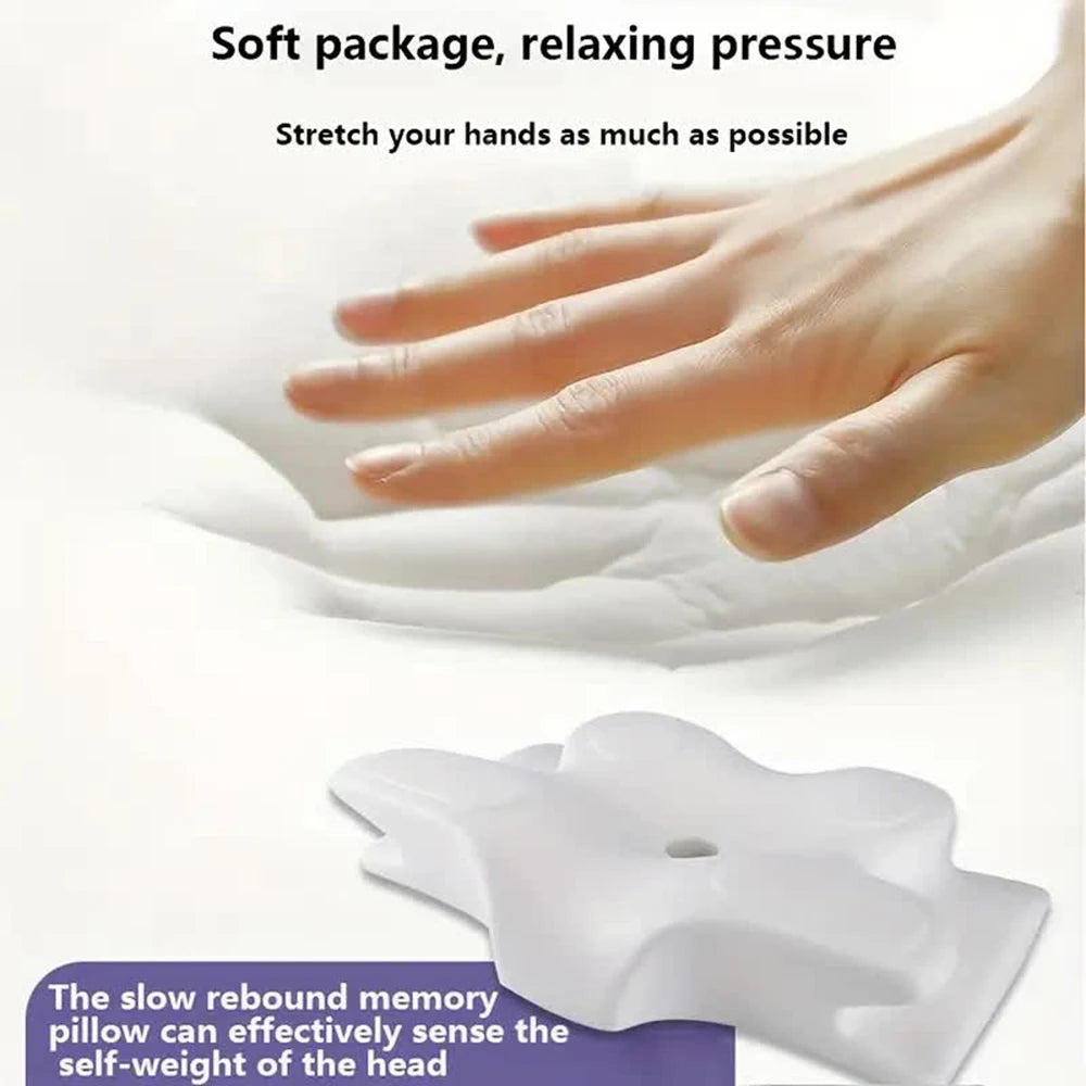 A hand presses on the Memory Foam Pillows Butterfly Shaped Relaxing Cervical Neck Pillow, showing its soft, pressure-relieving foam. Below, an image highlights its central hole and orthopedic slow rebound design for pain relief and better sleep.