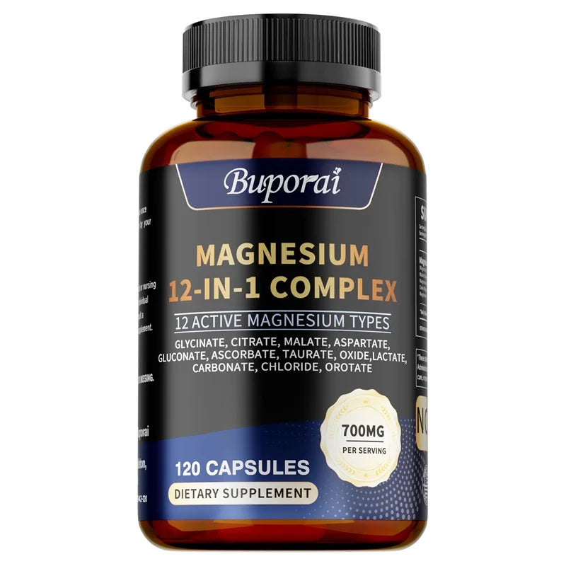 A bottle of Magnesium Complex Capsules - Bone & Heart Health Supplement with 120 unisex capsules, featuring 12 active magnesium types (incl. Glycinate) and providing 700mg per serving for sleep, muscle, stress, and anxiety support.