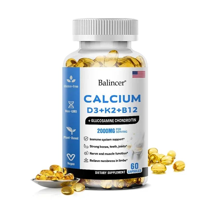 A bottle of Calcium Supplement with Vitamins D3+K2+B12 (60 capsules) supports nerves, muscles, heart health, and immunity; it's gluten-free, non-GMO, plant-based, vegan—suitable for all adults.