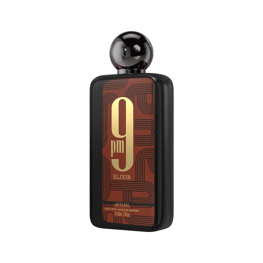 Afnan 9 PM Elixir Unisex Extrait de Parfum, 3.4 Fl. Oz comes in a black rectangular bottle with a round cap and a front label that reads "9 pm ELIXIR" in gold and white on a patterned brown and gold background.