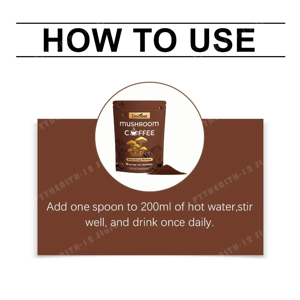 Docteat Mushroom Coffee Powder with Cordyceps, Lion's Mane, Reishi, Shiitake & Turkey Tail for Focus, Energy & Wellness, 180g