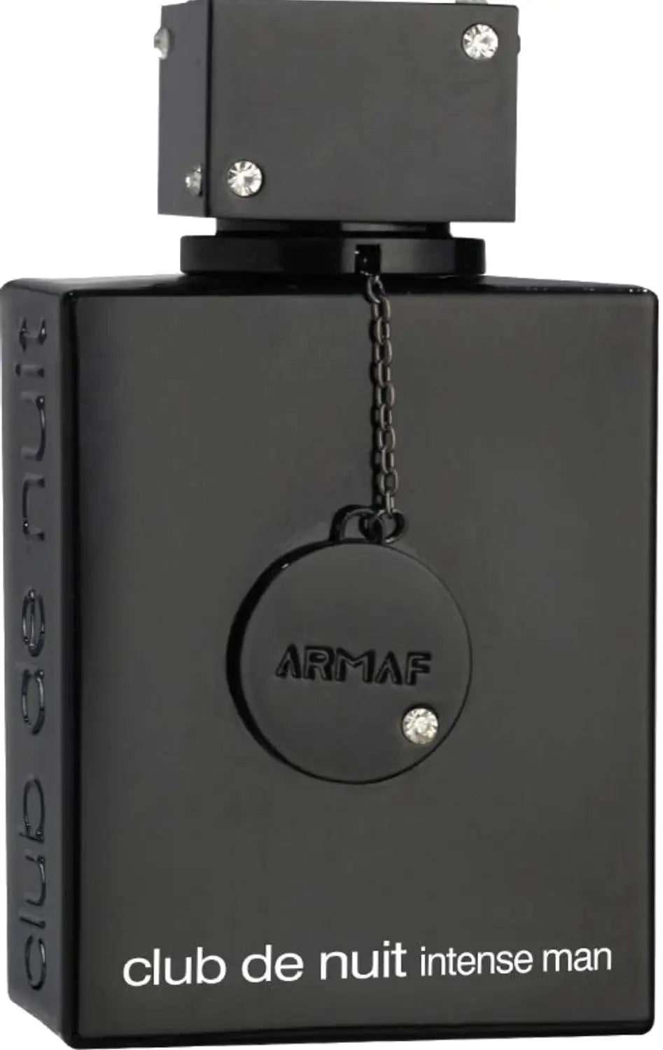 A black rectangular 3.6oz bottle of Armaf Club De Nuit Intense Man eau de toilette, wood spicy scent, with a chain and round medallion. Silver brand and scent names appear at the bottom and side of the unisex fragrance bottle.