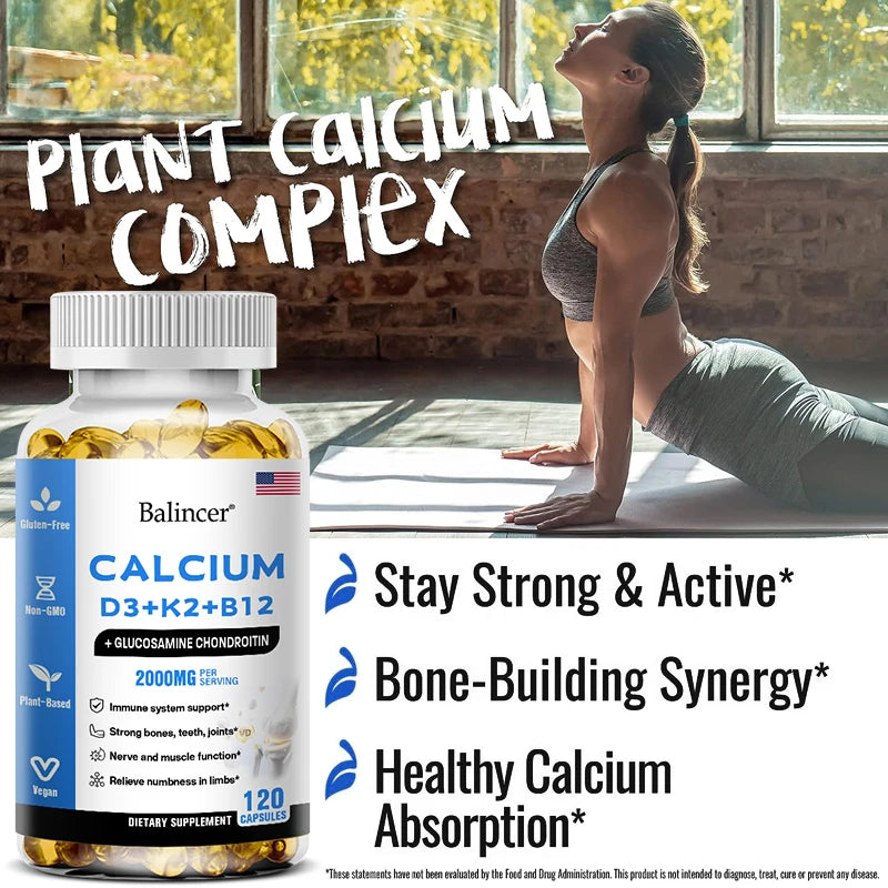 A woman does yoga in sunlight behind a bottle of Calcium Supplement with Vitamins D3+K2+B12. Text highlights: Stay Strong & Active, Bone-Building Synergy, and Healthy Calcium Absorption. Vegan and gluten-free icons appear on this unisex supplement.