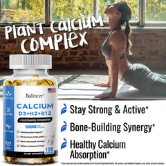 A woman does yoga in sunlight behind a bottle of Calcium Supplement with Vitamins D3+K2+B12. Text highlights: Stay Strong & Active, Bone-Building Synergy, and Healthy Calcium Absorption. Vegan and gluten-free icons appear on this unisex supplement.