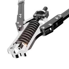 Close-up view of a metallic component with a coiled spring and metal arms connected by bolts, part of the Hydraulic Arm Strength Trainer Adjustable Multi-Function Training Strength Chest Muscle Arm Bar Exercise Fitness Equipment.