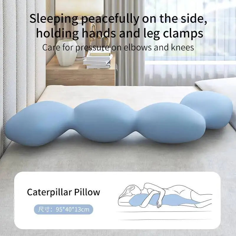 The Memory Foam Hold In Bed Sleeping Body Pillow for Pregnant Women is shown on a bed, providing orthopedic support for side sleepers and relieving pressure points. Its removable, washable ice silk cover adds convenience; a diagram highlights body support zones.