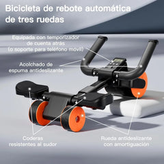 Entrenador de abdominales Adjustable Abs Training Roller multifuncional para ejercicio en casa, color negro con detalles naranjas. Incluye temporizador digital, soporte para teléfono, coderas y ruedas con superficie antideslizante.